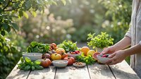 Fresh organic vegetables and fruits arranged on rustic wooden table in sunny garden setting with hands preparing healthy meal ingredients.