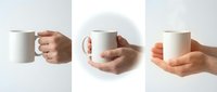 Hands holding white ceramic mugs in different positions showing various grips and gestures for beverage presentation and mockup designs.
