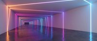 Futuristic neon tunnel with glowing rectangular frames in purple, pink and blue colors creating perspective depth on reflective floor for modern design.