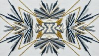 Symmetrical kaleidoscope pattern with blue and gold feather-like elements creating ornate mandala design on white background for decorative projects.