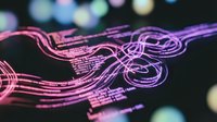 Glowing neon musical notes and staff lines flowing in purple and pink gradient colors against dark background with bokeh lights for creative projects.