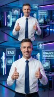 Professional Caucasian businessman giving thumbs up in modern office with digital tax and finance icons overlay for business success concepts.