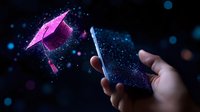 Glowing pink graduation cap floating above smartphone with magical sparkles and bokeh lights against dark background, digital education concept.