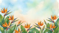 Watercolor tropical background with bird of paradise flowers and lush green leaves, soft pastel sky, copy space for text or design.