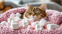 Adorable tabby kitten sleeping peacefully surrounded by colorful marshmallows on cozy pink knitted blanket creating dreamy comfort scene.