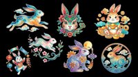 Six colorful Chinese zodiac rabbit clipart designs isolated on transparent background, ready for stickers, sublimation, t-shirt design, and print on demand use.