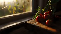 Fresh cherry tomatoes on rustic wooden cutting board near window, dramatic natural lighting creates moody atmosphere with soft bokeh background.