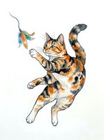 Playful tabby cat jumping and reaching for colorful butterfly on string against white background. Isolated artwork suitable for t-shirts, prints, and design projects.