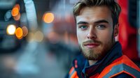 Young male worker in high visibility safety vest and navy collar jacket looking confidently at camera against blurred city lights background with bokeh effect.