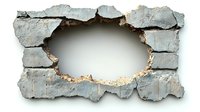 Broken concrete wall with hole in center showing white background, isolated on white. Realistic damaged stone texture with rough edges and exposed material.