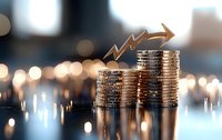 Stacks of coins with glowing arrow showing financial growth and investment success against blurred bokeh background, representing wealth and prosperity.