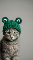 Adorable gray tabby kitten wearing green knitted frog hat with googly eyes, cute pet costume for holidays and celebrations.