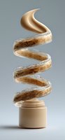Liquid foundation swirl emerging from cosmetic jar in elegant spiral motion on neutral background for beauty and skincare advertising campaigns.