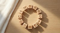 Wooden blocks arranged in circle with business icons including target, gear, chart, and people symbols on light wood surface with natural sunlight casting shadows.