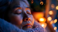 Young Asian woman sleeping peacefully at night with warm candlelight and bokeh effects in background, wrapped in cozy knitted blanket, creating serene atmosphere.