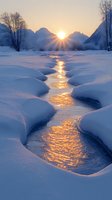 Majestic winter sunrise over snowy mountains with golden sunlight reflecting on winding stream through deep snow banks, creating dramatic light and shadow patterns.