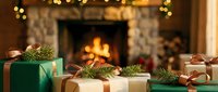 Wrapped Christmas presents with pine branches by cozy fireplace create warm holiday atmosphere for seasonal celebrations and gift-giving traditions.