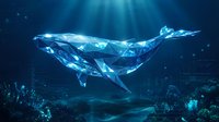 Majestic blue whale swimming through deep ocean waters with sunlight rays penetrating from surface creating ethereal underwater scene for marine life concepts.