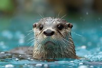 Curious river otter swimming in blue water with water droplets on whiskers and fur, close-up portrait showing expressive eyes and wet nose in natural habitat.