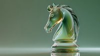 Elegant glass chess knight piece with translucent green hue on minimalist background, showcasing strategic game element for business concept.