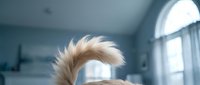 Fluffy golden dog tail wagging indoors in a bright modern bedroom, capturing a joyful pet moment at home.
