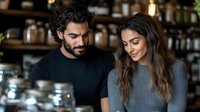 Young couple enjoying romantic date in cozy cafe restaurant, smiling and connecting over coffee, perfect for lifestyle and relationship marketing.