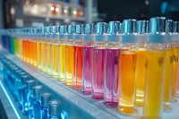Colorful laboratory test tubes filled with rainbow gradient liquids in scientific research setting, chemical analysis samples arranged in row on blue background.