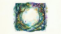 Mystical forest portal with glowing center surrounded by enchanted trees and magical foliage in watercolor style for fantasy art and storytelling projects.
