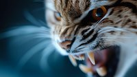 Extreme close up of aggressive wild cat showing sharp fangs and teeth against dark blue background. Dramatic lighting highlights predator nature and hunting instinct.