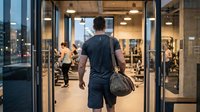 Athletic man entering modern fitness center with gym bag ready for workout session in well-equipped training facility with exercise equipment and glass windows.
