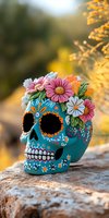 Turquoise sugar skull decorated with colorful flowers and traditional Mexican folk art patterns sits on stone surface in warm sunset light, celebrating Day of Dead culture.