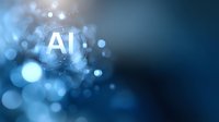 Glowing AI text with blue bokeh lights on dark background creates futuristic technology concept for artificial intelligence and machine learning designs.