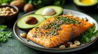 Fresh salmon fillet with avocado, herbs and seeds on gray plate. Raw fish steak seasoned with spices, nuts and greens for healthy cooking.