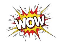 Comic book style WOW explosion with burst rays and clouds on white background. Pop art exclamation for advertising, marketing campaigns and social media posts.