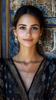 Young Middle Eastern woman wearing gold jewelry and black embroidered dress poses against ornate blue tile wall background. Natural makeup and elegant styling.
