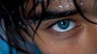 Striking close-up of bright blue eye with water droplets on skin and wet strands of dark hair falling across forehead, capturing raw emotion and natural beauty.