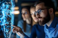 Diverse business team analyzing glowing blue holographic data visualization in dark office, focusing on digital transformation and future technology.
