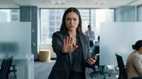 Businesswoman with dark hair and glasses gestures stop sign in modern office with colleagues working at desks behind glass partitions and city skyline visible through windows.