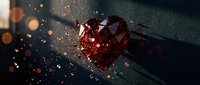 Shattered red crystal heart breaking apart with sparkling fragments and glowing particles on dark surface creating dramatic romantic concept.