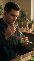 Young man with dark hair and facial hair, Caucasian ethnicity, examining green liquid in glass container with dropper in botanical laboratory setting surrounded by potted plants.