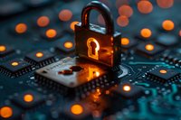 Glowing padlock on computer circuit board with orange bokeh lights, representing cybersecurity, data protection and digital privacy in technology.