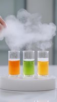 Colorful drinks in glass test tubes with dramatic smoke effect on white platform. Orange, green and yellow liquid cocktails create scientific laboratory atmosphere.