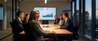 Confident mature businessman leading corporate meeting in modern glass conference room with team members discussing strategy and financial data presentation.