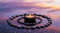Zen meditation stones arranged in spiral pattern with burning candle at center on calm water surface during peaceful sunset for relaxation and mindfulness practice.