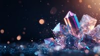 Magical crystal formation with pink and blue glowing quartz clusters against dark background with bokeh lights and sparkles, mystical mineral background.