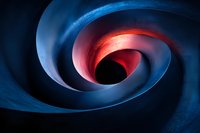 Abstract spiral tunnel in blue and red colors with dramatic lighting creates depth illusion against dark background, modern minimalist art composition.