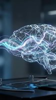Glowing holographic brain with electric neural impulses floating above a futuristic lab surface, symbolizing AI, neuroscience, and digital mind research.