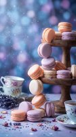 Colorful macarons stacked on wooden stand with teacups and magical bokeh lights background for bakery dessert presentation and sweet treats display.