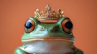 Green tree frog wearing ornate golden crown with jewels against warm orange background. Whimsical amphibian royalty concept for fairy tale and fantasy designs.