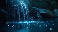 Mystical waterfall at night with glowing water droplets creating magical bokeh effect against dark background, moody nature photography for atmospheric designs.